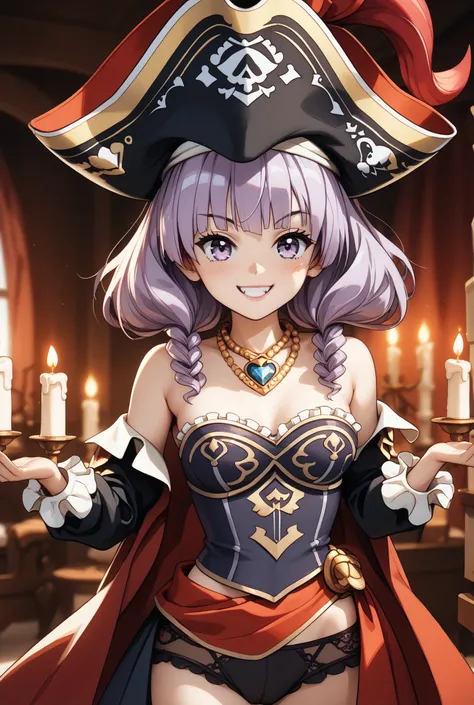 masterpiece,very detailed,beautiful faces,And high-precision,cute devil girl,(one woman),(The Enchanted Pirate:1.5),(a devil wearing a pirate hat:1.5),,behind the bed is a devil candle stand、Candlelight,external, Expression of victory ,I can see my black ...