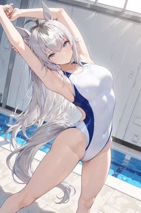 masterpiece,perfect anatomy,beautiful fingers,high resolution, ultra-detailed,beautiful detailed eyes,dutch angle,absurdres,1girl,solo,Oguri, long hair, horse ears, grey hair, ahoge, horse tail, blue eyes,multicolored hair,(white competition swimsuit:1.3),...