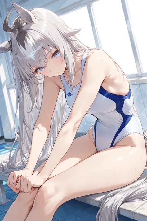 masterpiece,perfect anatomy,beautiful fingers,high resolution, ultra-detailed,beautiful detailed eyes,dutch angle,absurdres,1girl,solo,Oguri, long hair, horse ears, grey hair, ahoge, horse tail, blue eyes,multicolored hair,(white competition swimsuit:1.3),...