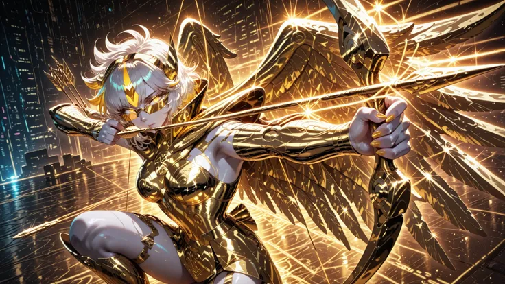 drawing bow (weapon), aiming at viewer, arrow (projectile), bow (weapon), holding bow (weapon), aiming, side angle, (masterpiece, 4k, ultra detailed, vivid colors), {1woman}: (a beautiful and attractive woman, white skin, short white hair with yellow highl...