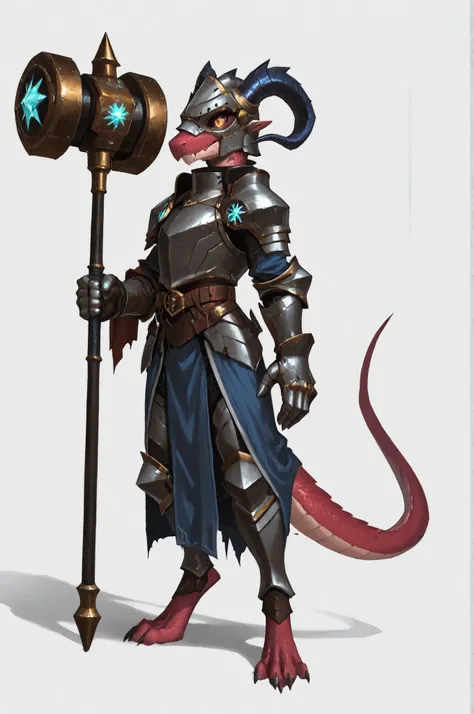 WarlockMaster, winged helmet, helm, pauldrons, shoulder armor, armor, full armor, cape, gauntlets, brown belt,pointed ears, long draconic snout, lean physique, kobold, blue scales, great gray horns, highly detailed, best quality, holding great iron hammer