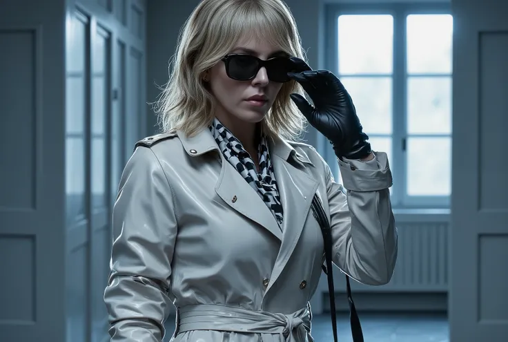 ((Charlize Theron )) Cinematic 4K scene of a woman standing in a dimly lit modern hallway with a cold blue atmosphere. The woman has platinum blonde medium-length hair with gentle waves and a straight fringe partially covering her forehead, her hair slight...