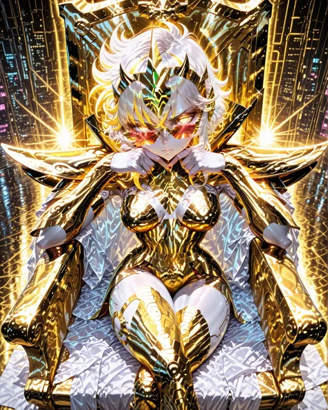 high angle, (masterpiece, 4k, ultra detailed, vivid colors), {1woman}: (a beautiful and attractive woman, white skin, short white hair with yellow highlights, iris-less eyes completely bright yellow, wearing cyberpunk-style glasses, wearing golden armor in...