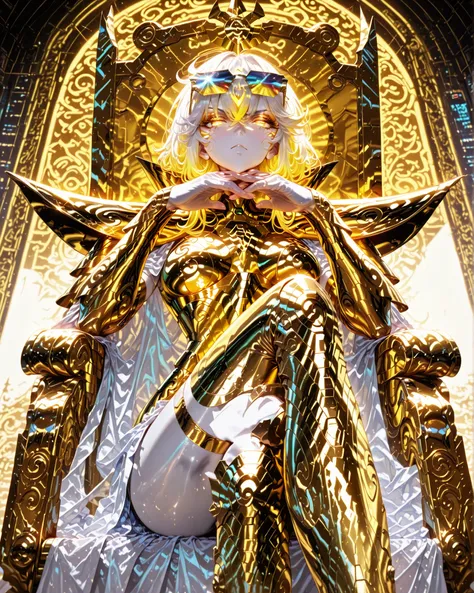 low angle, (masterpiece, 4k, ultra detailed, vivid colors), {1woman}: (a beautiful and attractive woman, white skin, short white hair with yellow highlights, iris-less eyes completely bright yellow, wearing cyberpunk-style glasses, wearing golden armor ins...