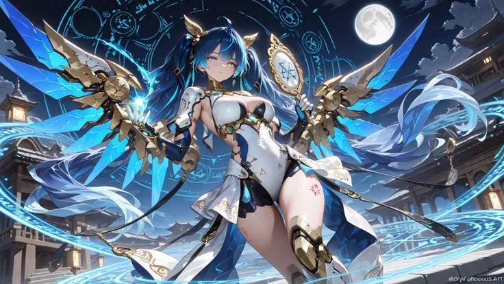 (masterpiece, detailed:1.2),best quality,ultra high res,photorealistic,8K UHD,hyper-detailed, Enchantress of the temple, moon, night, stryiun0, multicolored eyes, blue hair, streaked hair, gradient hair, very long hair, twintails, ahoge, cowlick, medium br...