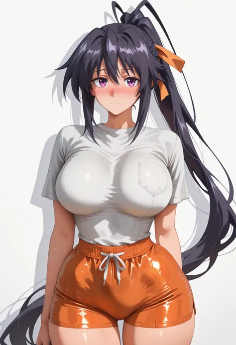 cowboy shot of ((large breast)), ((Thicc)), (()), (wide hips), 1girl, akeno himejima, long hair, black hair, ribbon, very long hair, purple eyes, hair ribbon, ponytail, antenna hair, looking at viewer, shiny skin, shiny hair, shiny body, clear body, nose b...