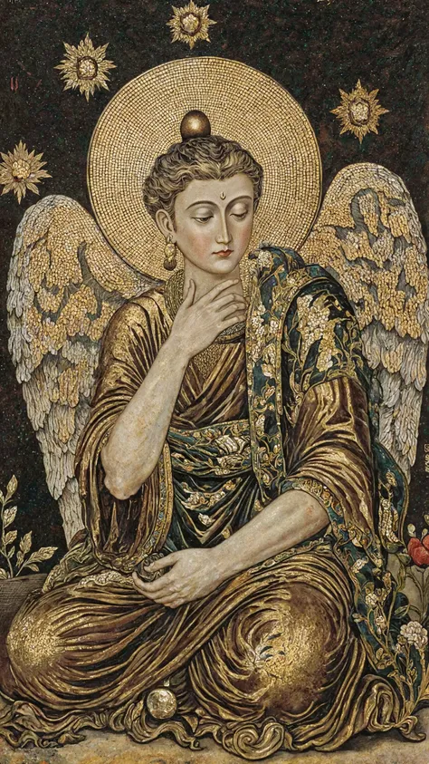 A melancholy angel, sitting with her hand on her chin,,tranquility,Decor reminiscent of the Middle East,iconic,Buddhist artstyle,a fusion of Western and Japanese beauty,Japan's unique gold leaf techniques and the rich texture of oil paintings,Simple yet st...