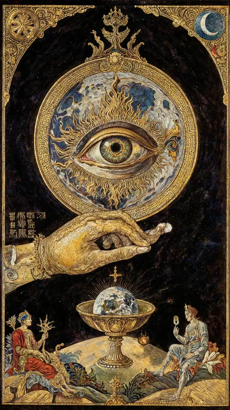 forcus hand,At the center of the magical hand lies an eye, mystical, alchemical,Omniscience, Akashic Records,When sun and moon unite,
Heaven and earth become one again,
And lead awakens to gold,Venture deep into the earth's core. If you refine it properly,...