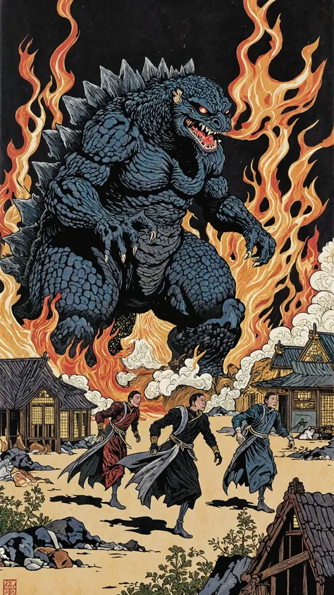 forcus godzilla,People fleeing a giant blue fire-breathing godzilla,Godzilla is a menacing black colossus, a town destroyed and burning, medieval-style,dynamic,Composition utilizing perspective,Decor reminiscent of the Middle East,iconic,Buddhist artstyle,...
