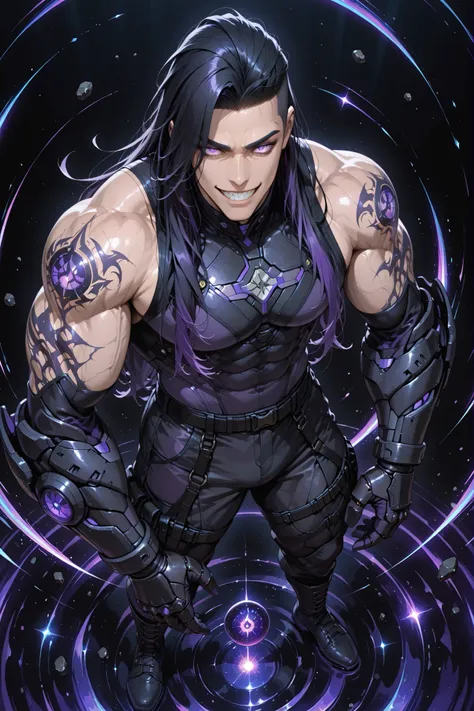 anime man,gauntlets,Full body shot from above, showing a tall, handsome, mature, extremely muscular and fierce man with asian skin and sharp grin. messy sidecut long hairstyle black hair with purple violet streaks, and his glowing deep purple eyes. He wear...
