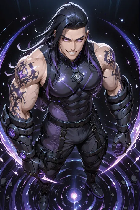 anime man,gauntlets,Full body shot from above, showing a tall, handsome, mature, extremely muscular and fierce man with asian skin and sharp grin. messy sidecut long hairstyle black hair with purple violet streaks, and his glowing deep purple eyes. He wear...