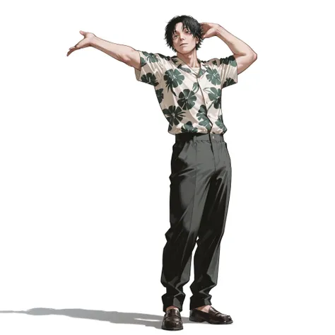 (male), (adult man), (tall body), (fit build), (short messy black hair), (black eyes), (solo), (single character), (full body version), (white background), (no background), (highly detailed), (shadow), (standing pose), (natural light), (detailed outfit), (...