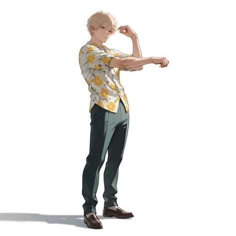 (male), (man), (tall body), (fit build), (short messy blonde hair), (brown eyes),), (solo), (single character), (full body version), (white background), (no background), (highly detailed), (shadow), (standing pose), (natural light), (detailed outfit), (det...