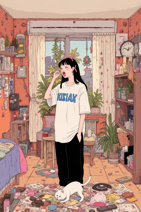 teenager's room,活気に満ちたさまざまなpostersやアート作品が壁を飾っている,young woman with white cat,cat with a playful expression on the woman's feet,yawns with her mouth wide open,combines modernity and whimsical touch,creative space,and playful polka dot patterns Geometric Patt...