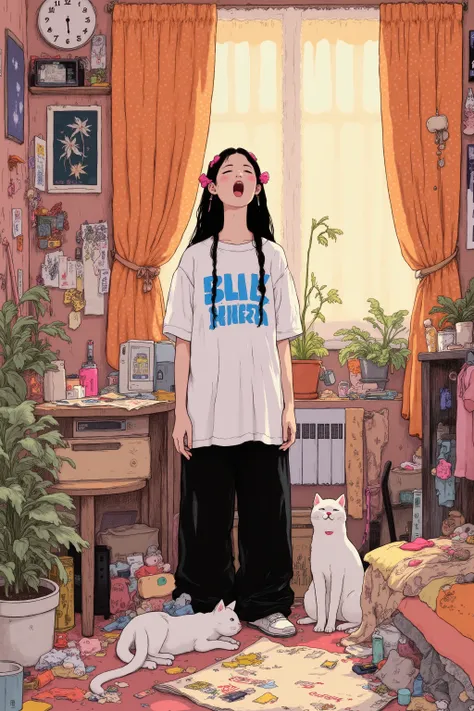 teenager's room,活気に満ちたさまざまなpostersやアート作品が壁を飾っている,young woman with white cat,cat with a playful expression on the woman's feet,yawns with her mouth wide open,combines modernity and whimsical touch,creative space,and playful polka dot patterns Geometric Patt...