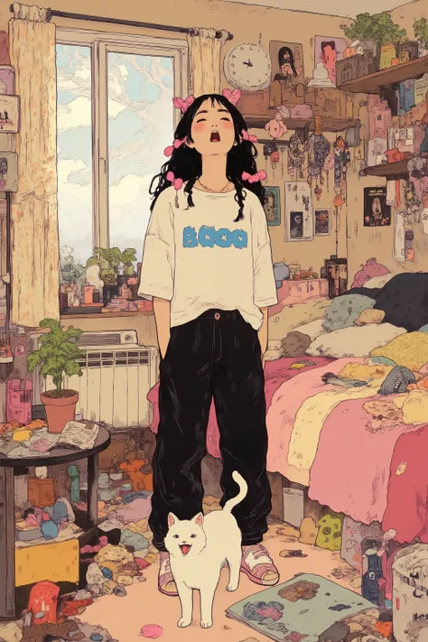 teenager's room,活気に満ちたさまざまなpostersやアート作品が壁を飾っている,young woman with white cat,cat with a playful expression on the woman's feet,yawns with her mouth wide open,combines modernity and whimsical touch,creative space,and playful polka dot patterns Geometric Patt...