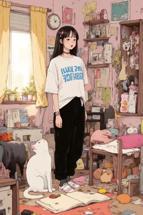 teenager's room,活気に満ちたさまざまなpostersやアート作品が壁を飾っている,young woman with white cat,cat with a playful expression on the woman's feet,yawns with her mouth wide open,combines modernity and whimsical touch,creative space,and playful polka dot patterns Geometric Patt...