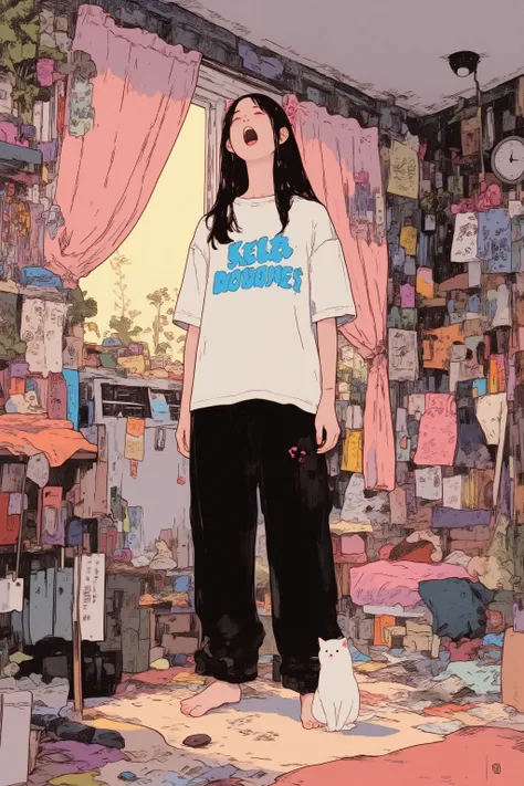teenager's room,活気に満ちたさまざまなpostersやアート作品が壁を飾っている,young woman with white cat,cat with a playful expression on the woman's feet,yawns with her mouth wide open,combines modernity and whimsical touch,creative space,and playful polka dot patterns Geometric Patt...