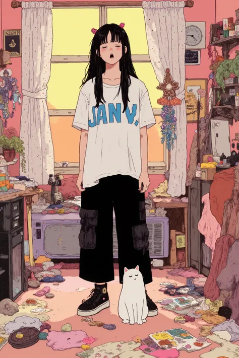 teenager's room,活気に満ちたさまざまなpostersやアート作品が壁を飾っている,young woman with white cat,A fat white cat with a stunned expression at the woman's feet,The woman is yawning with her mouth wide open,combines modernity and whimsical touch,creative space,and playful polka ...