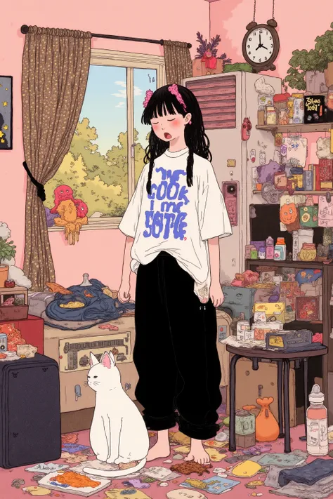 teenager's room,活気に満ちたさまざまなpostersやアート作品が壁を飾っている,young woman with white cat,A fat white cat with a stunned expression at the woman's feet,The woman is yawning with her mouth wide open,combines modernity and whimsical touch,creative space,and playful polka ...