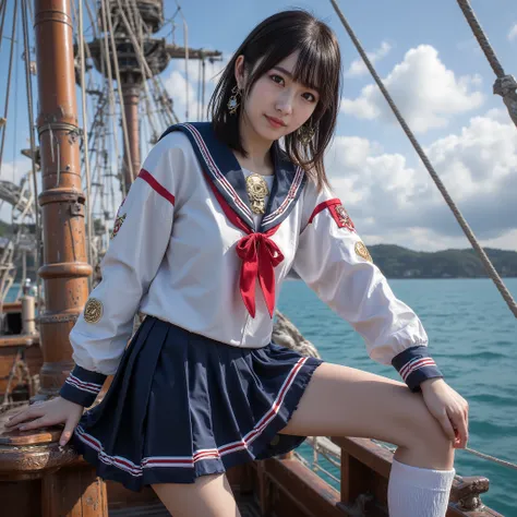 Highest Quality, greatest masterpiece, Photorealistic, ultra high resolution, Top Japanese Idol Female、Japanese top idol standing with her foot on the bow of a pirate ship、red stripe decoration on the sleeve of a white and navy blue sailor suit、Golden pira...