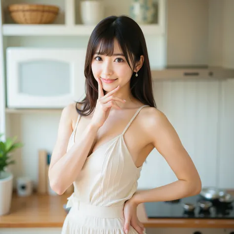 Highest Quality, greatest masterpiece, PHOTOREALISTIC, ultra high resolution, 1 top Japanese idol female, thinking about today's catechism in the kitchen, depicting human anatomically accurate limbs and fingers, thinking pose with her hands on her hips, de...