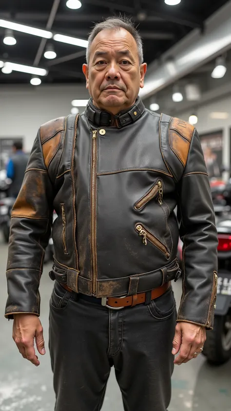 a grotesquely obese ugly Asian man that is 80 years old wearing a cafe racer jkt that is from the 1970s in black and orange leather, the jacket is worn and has dirt marks, the man stands in a futuristic Tokyo motorcycle showroom wearing shiny polished blac...