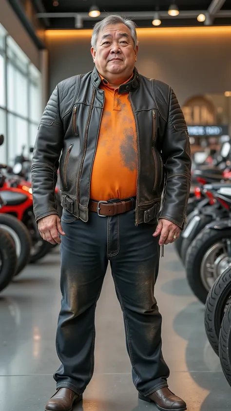 a grotesquely obese ugly Asian man that is 80 years old wearing a cafe racer jkt that is from the 1970s in black and orange leather, the jacket is worn and has dirt marks, the man stands in a futuristic Tokyo motorcycle showroom wearing shiny polished blac...
