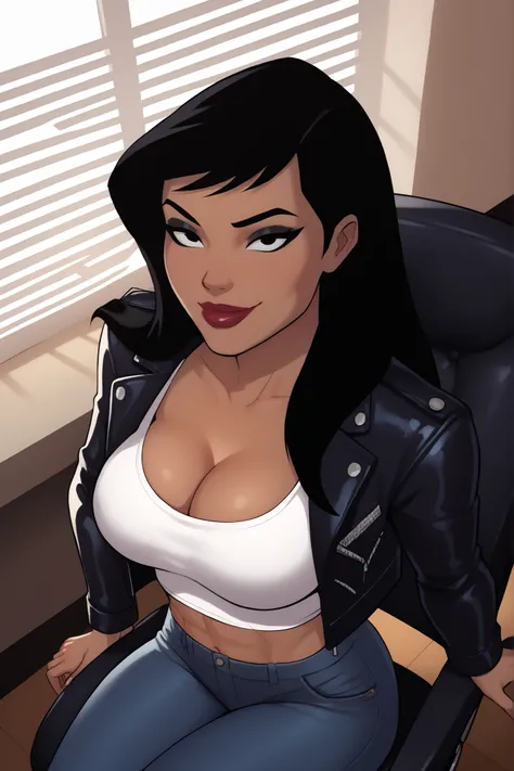 BREAK, score_6_up, score_7_up, score_8_up, score_9, 1girl, solo, Drlight, long hair, black hair, black eyes, lipstick, makeup, dark-skinned female,  large breasts, busty, cleavage, curvy, athletic, midriff, looking at viewer, seducing viewer, teasing viewe...