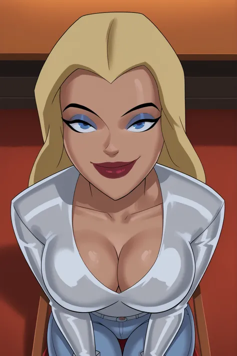 BREAK, score_9, score_8_up, score_7_up, score_6_up, masterpiece, high quality, perfect face, perfect eyes, StargirlDR, solo, 1girl, blonde hair, long hair, blue eyes, dark red lipstick, makeup, large breasts, cleavage, curvy, athletic, looking at viewer, s...