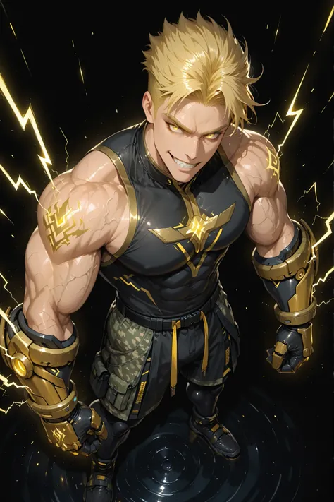 Full body shot from above, showing a tall, handsome, and extremely muscular young man with Asian skin and a fierce, sharp grin. His messy yellow hair flares wildly with static energy, and his glowing golden-yellow eyes spark with thunderous power. He wears...