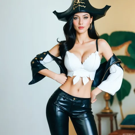 defMF, cabelo vermelho, cabelo longo, olhos verdes, batom, black hat jacket, pirate hat, cropped top branco, decote, mangas soltas, black pants, olhos verdes, maquiagem, magro, seios grandes, decote, looking at the viewer, umbigo, duas armas, black leath...