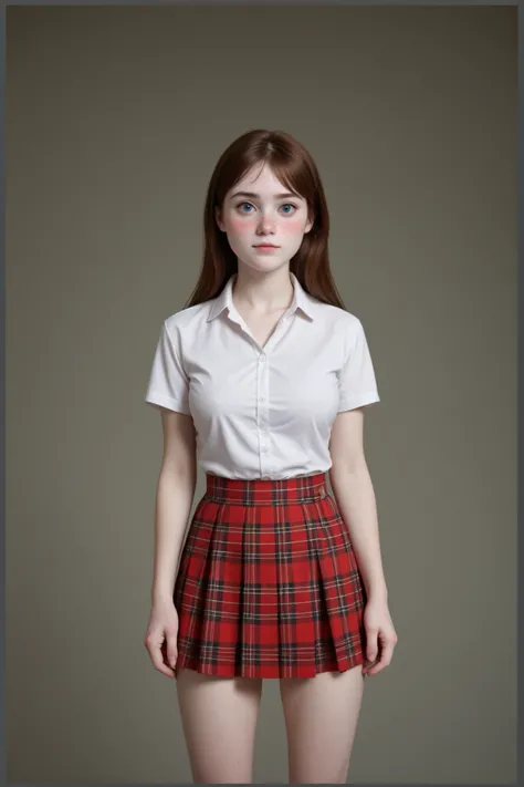 A stunning (young girl:1.5) posing in front of a neutral background, studio photoshoot, 3/4 portrait. (Pale white skin:1.3), (silky smooth skin:1.4), (blushing:1.3), (brunette hair:1.2), (perfect hair:1.5), (straight hair:1.5), thick hair, (swept bangs:1.3...