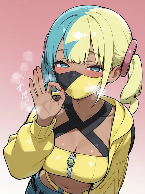 masterpiece, best quality, absurdres, eroge, game_cg, beautiful detailed, rkgk, 1girl, cyan hair, lime hair, two-tone hair, blue eyes, brown skin, breasts, black mouth mask, yellow jacket, yellow zipped tube top, cyan pants, fellatio gesture, blush, in hea...