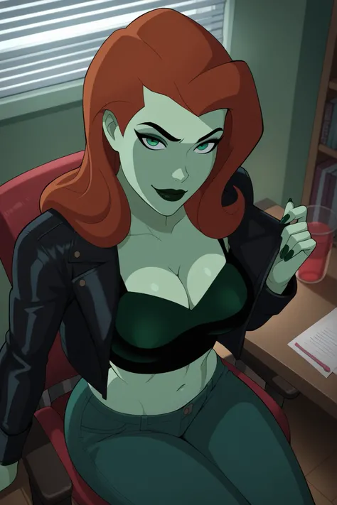BREAK, score_9_up, score_8_up, score_7_up, score_6_up, poison ivy, 1girl, solo, ginger hair, long hair, black eyebrows, makeup, black lipstick, green skin, looking at viewer, seducing viewer, teasing viewer, best quality, high quality, seductive expression...
