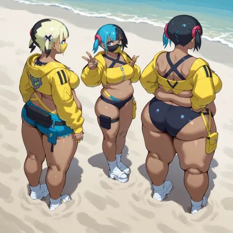  CanariZAILXLV1.0v01,
short hair, twintails, short twintails, blunt bangs, blue hair, blonde hair, black hair, multicolored hair, two-tone hair, eyelashes, blue eyes, nail polish, yellow nails, blue nails, fingernails, medium breasts, navel, dark skin,　dar...