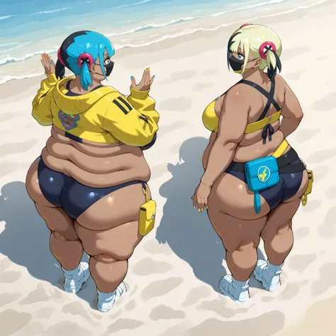  CanariZAILXLV1.0v01,
short hair, twintails, short twintails, blunt bangs, blue hair, blonde hair, black hair, multicolored hair, two-tone hair, eyelashes, blue eyes, nail polish, yellow nails, blue nails, fingernails, medium breasts, navel, dark skin,　dar...