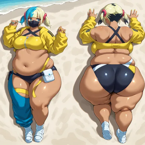  1girl, CanariZAILXLV1.0v01,
short hair, twintails, short twintails, blunt bangs, blue hair, blonde hair, black hair, multicolored hair, two-tone hair, eyelashes, blue eyes, nail polish, yellow nails, blue nails, fingernails, medium breasts, navel, dark sk...