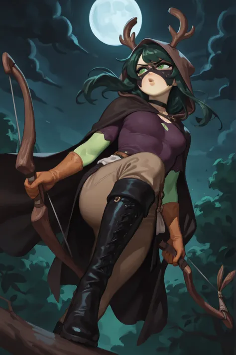 sxy5tyle, gloss_(hotglossed), ImmrLineArt style, eyes_shape_1, boy_physique_2, boy_height_4,((solo, 1girl, warm green skin tone, night, dark, dark sky, dark cloud, moon,  blowing hair, brown hooded, black cape, wearing hood, deer horn on head, small nose, ...