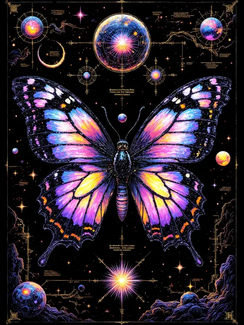  aurorastyle, 
beautiful butterfly anatomy diagram, bold shÅ«ji, chart, schematics, infographic, scientific, measurements, abstract, surreal, collage, new media design, poster, colorful highlights, tarot card, glowing ruins, marginalia, 8k, extremely detai...