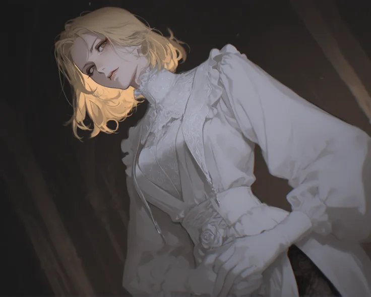 best quality, masterpiece, 1girl, blonde_hair, dynamic angle, short_hair, priestess, holy, goddess, straight_hair, neutral expression, evil, mature face, dark fantasy, {white, golden, evil, splash art}, white roses, high_collar, pattern undershirt, castl...