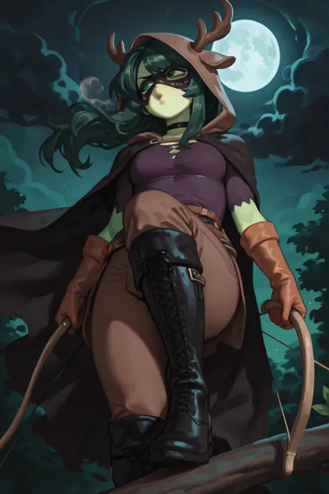 sxy5tyle, gloss_(hotglossed), ImmrLineArt style, eyes_shape_1, boy_physique_2, boy_height_4,((solo, 1girl, warm green skin tone, night, dark, dark sky, dark cloud, moon,  blowing hair, brown hooded, black cape, wearing hood, deer horn on head, small nose, ...