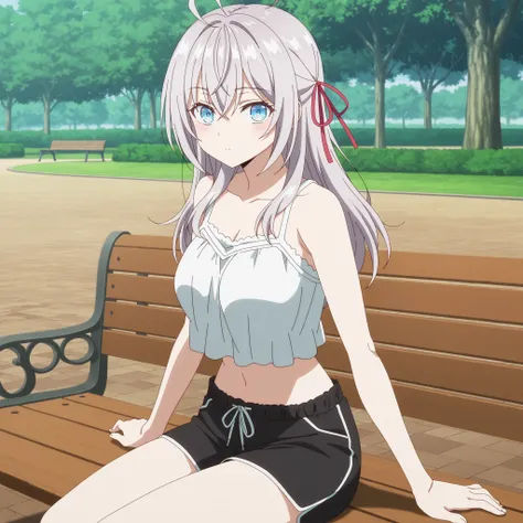 source_anime,anime screencap, anime coloring,intricate details, masterpiece, best quality,midriff, sitting down on bench
Alisa Mikhailovna Kujou, ahoge, long hair, grey hair, blue eyes, breasts, hair ribbon,
looking at the viewer, park, white top, black s...