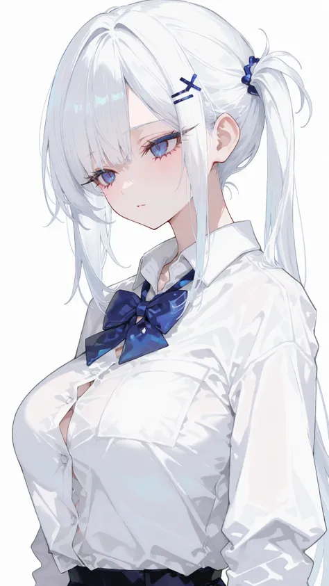 girl, white hair, left side ponytail, big breasts,Long Eyelashes, Hairpins XX, long hair, slim, White Office Shirt, Blue Bow ,standing, blue eyes, standing, white background,Upper Body Shape,