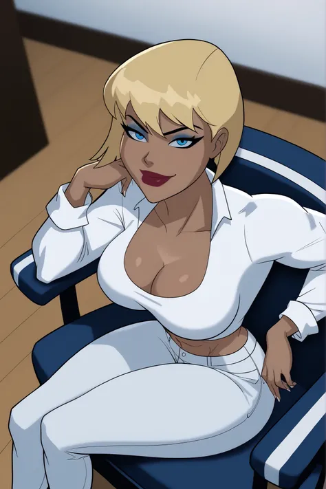 BREAK, score_6_up, score_7_up, score_8_up, score_9, g4l4t3a, 1girl, solo, short hair, bangs, blue eyes, blonde hair, lipstick, makeup, dark skin, dark-skinned female, large breasts, busty, cleavage, curvy, athletic, muscular female, looking at viewer, sedu...