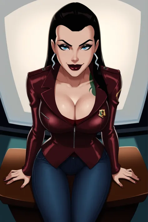 BREAK, score_9, score_8_up, score_7_up, score_6_up, Roulette, 1girl, solo, black hair, blue eyes, long hair, lipstick, makeup, large breasts, cleavage, curvy, athletic, shoulder tattoo, thigh tattoo, looking at viewer, seducing viewer, teasing viewer, smil...