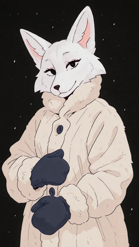 anthro, fox, looks at the viewer, sheepskin coat, mittens, black eye sclars,