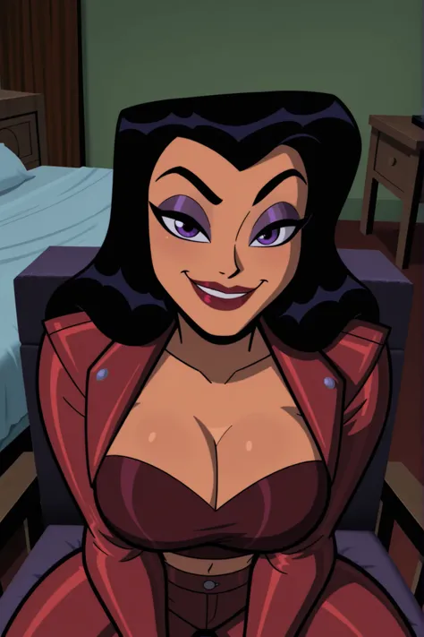 BREAK, score_8_up, score_7_up, score_6_up, score_9, h00nt33s 1girl, solo, long hair, large breasts, smile, black hair, purple eyes, makeup, lipstick, cleavage, curvy, athletic, looking at viewer, seducing viewer, teasing viewer, indoors, bedroom, sitting i...