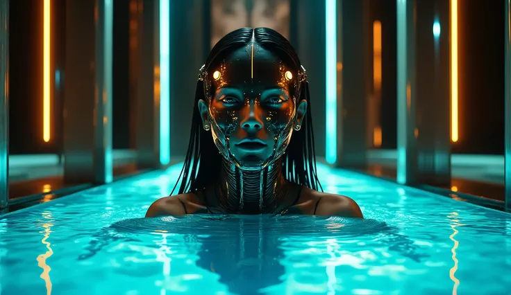 In the style of ff-co, This is a CGI artwork, closeup protrait of a cybernetic female android face emerging from a pool of liquid light, The android skin is a dark copper and ebony material that gleams in the ambient light, . her face is typicaly mayan ame...