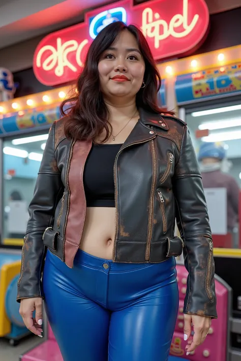 Wide angle image a 34 year old Asian woman with moderate obesity, medium belly, large arms, muscular thighs, wearing blue latex pants, wearing a pink and grey 1970s vintage cafe racer jkt made of blue and brown leather with extensive wear and dirt staining...